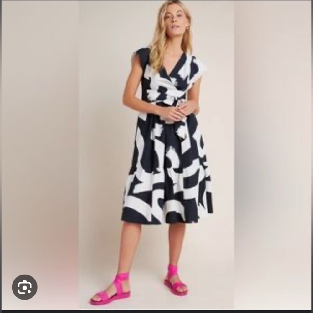 Maeve Anthropologie Mairead Black White Fit & Flare Poplin Cotton Midi Dress 10